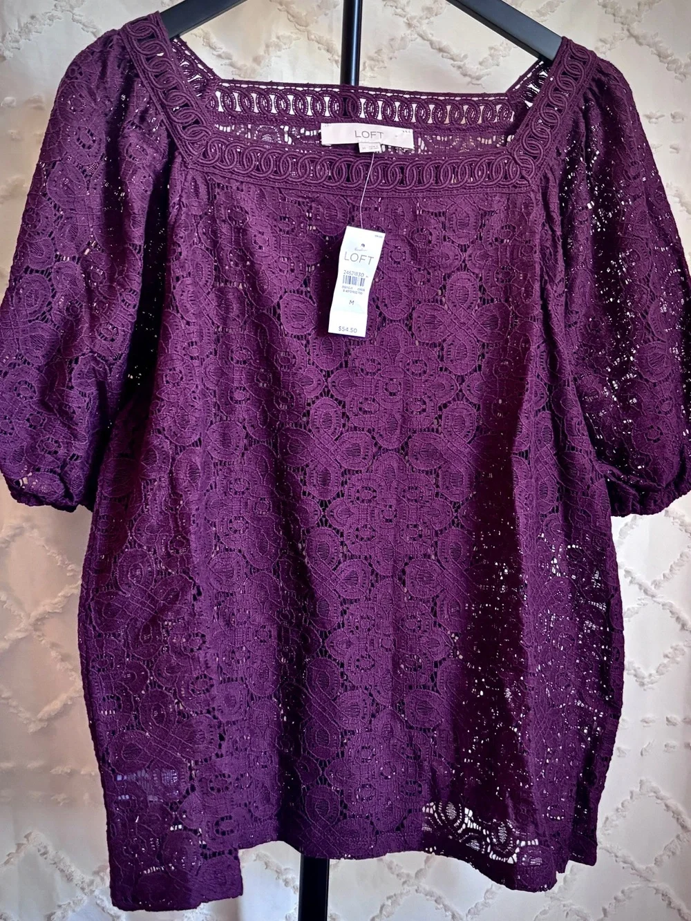 NWT LOFT Plum Lace Blouse Medium Square Neck Crochet Eyelet Puff Sleeve Top